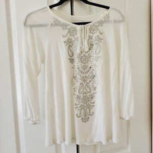 INC blouse peasant top with embroidery; white sheer